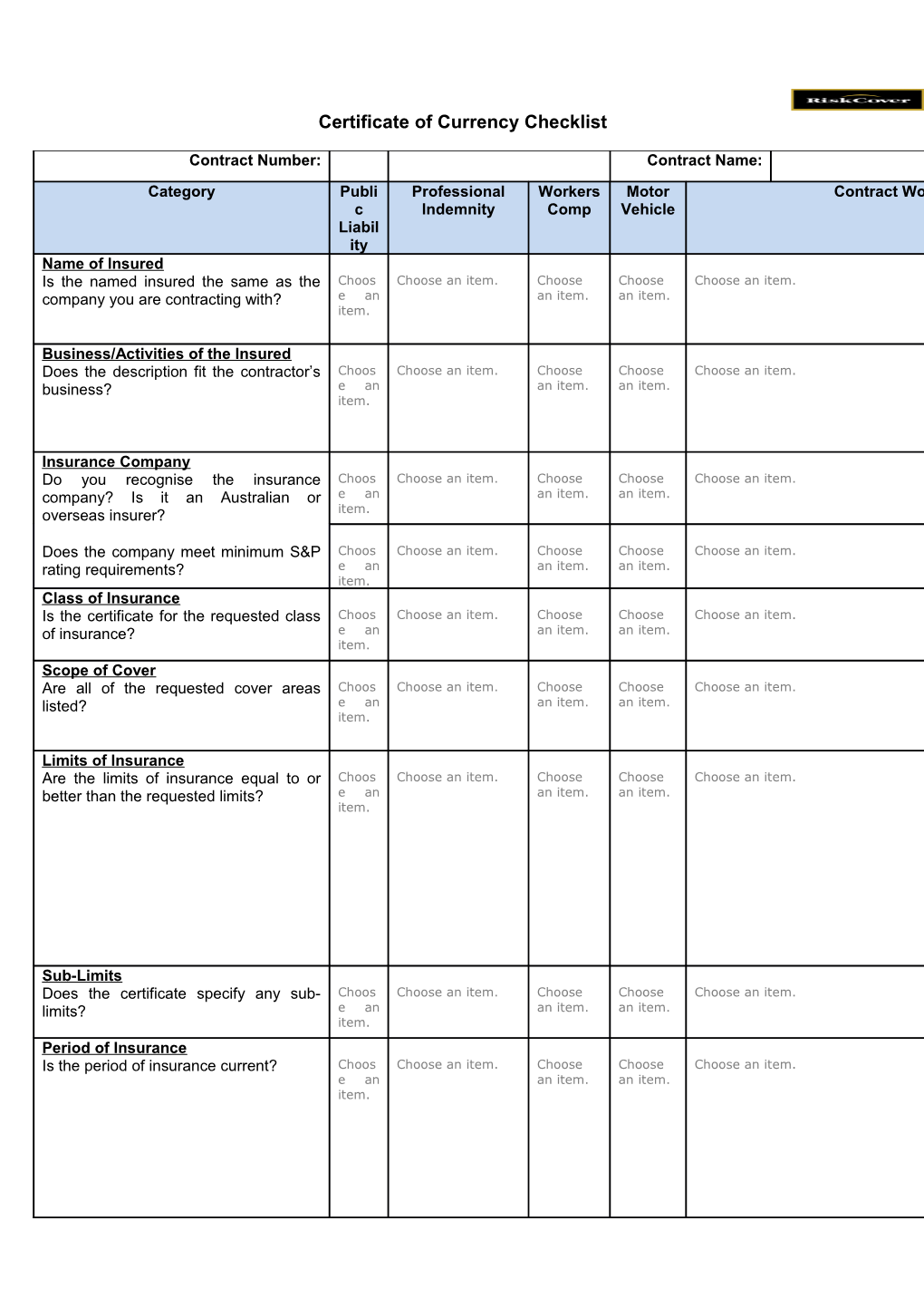 Certificate of Currency Checklist