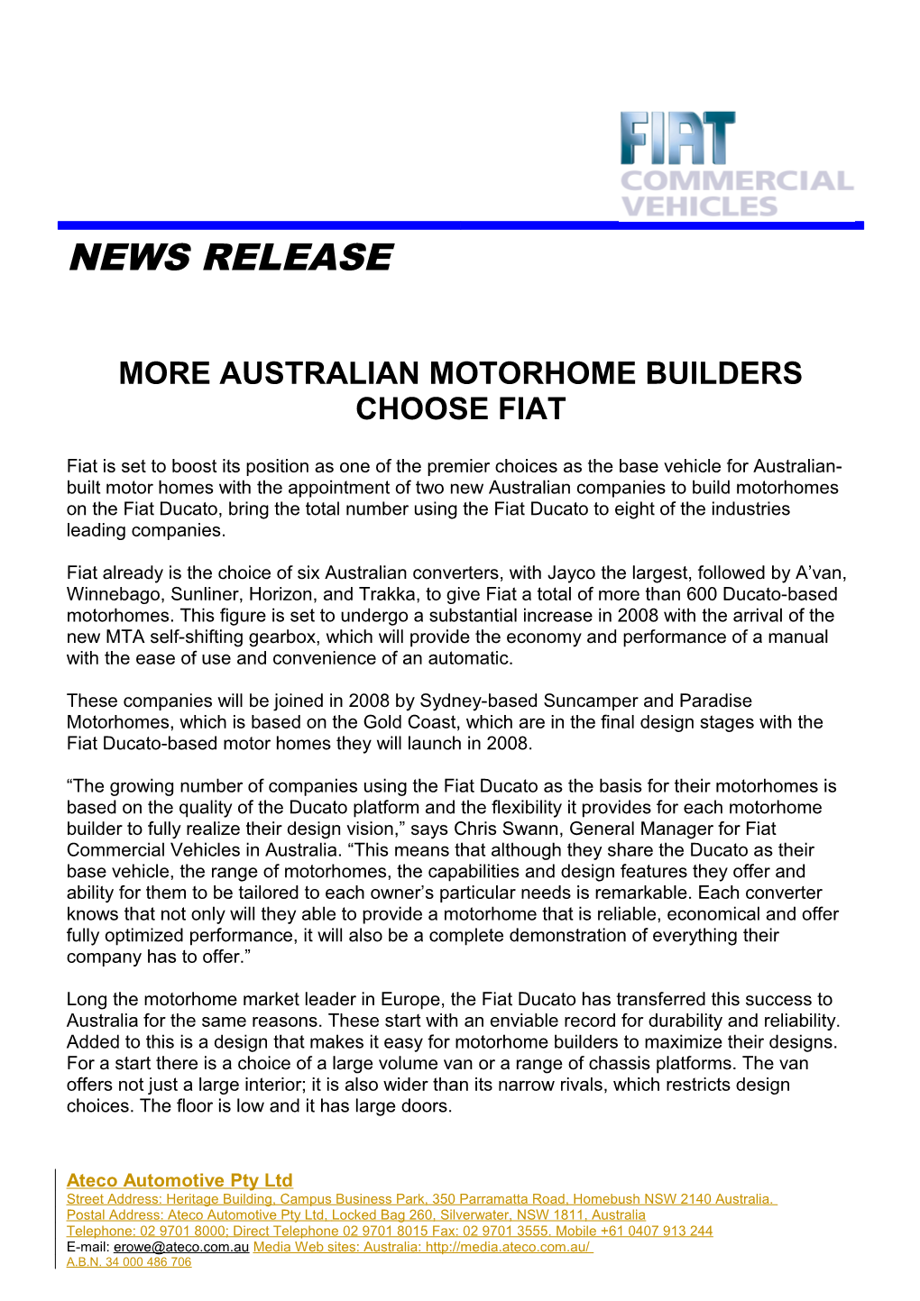 More Australian Motorhome Builders Choose Fiat
