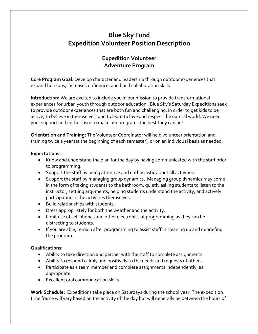 Expedition Volunteer Position Description