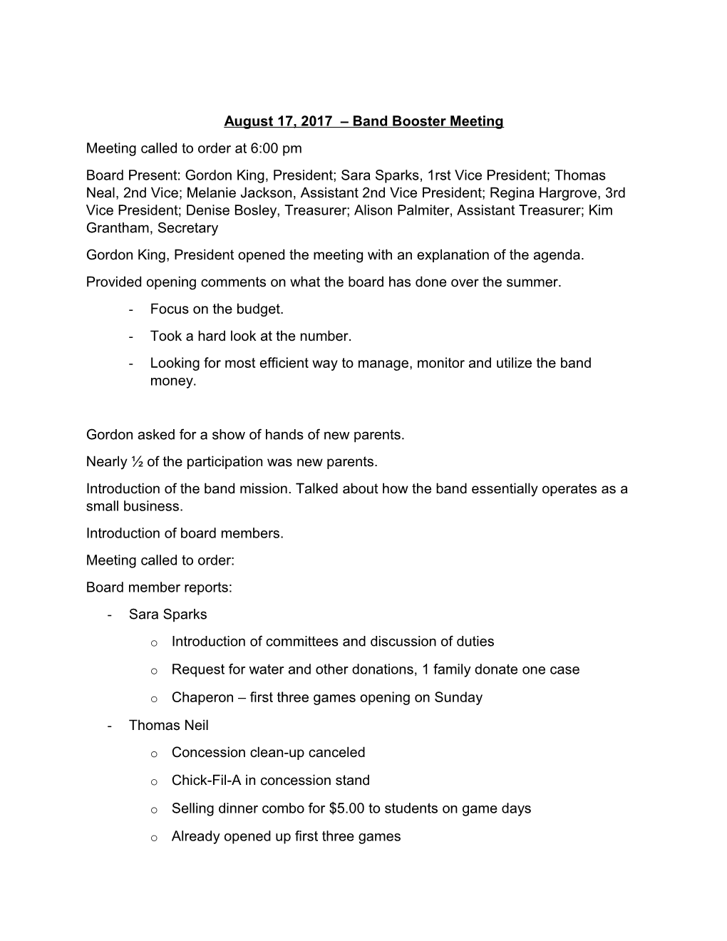 August 17, 2017 Band Booster Meeting