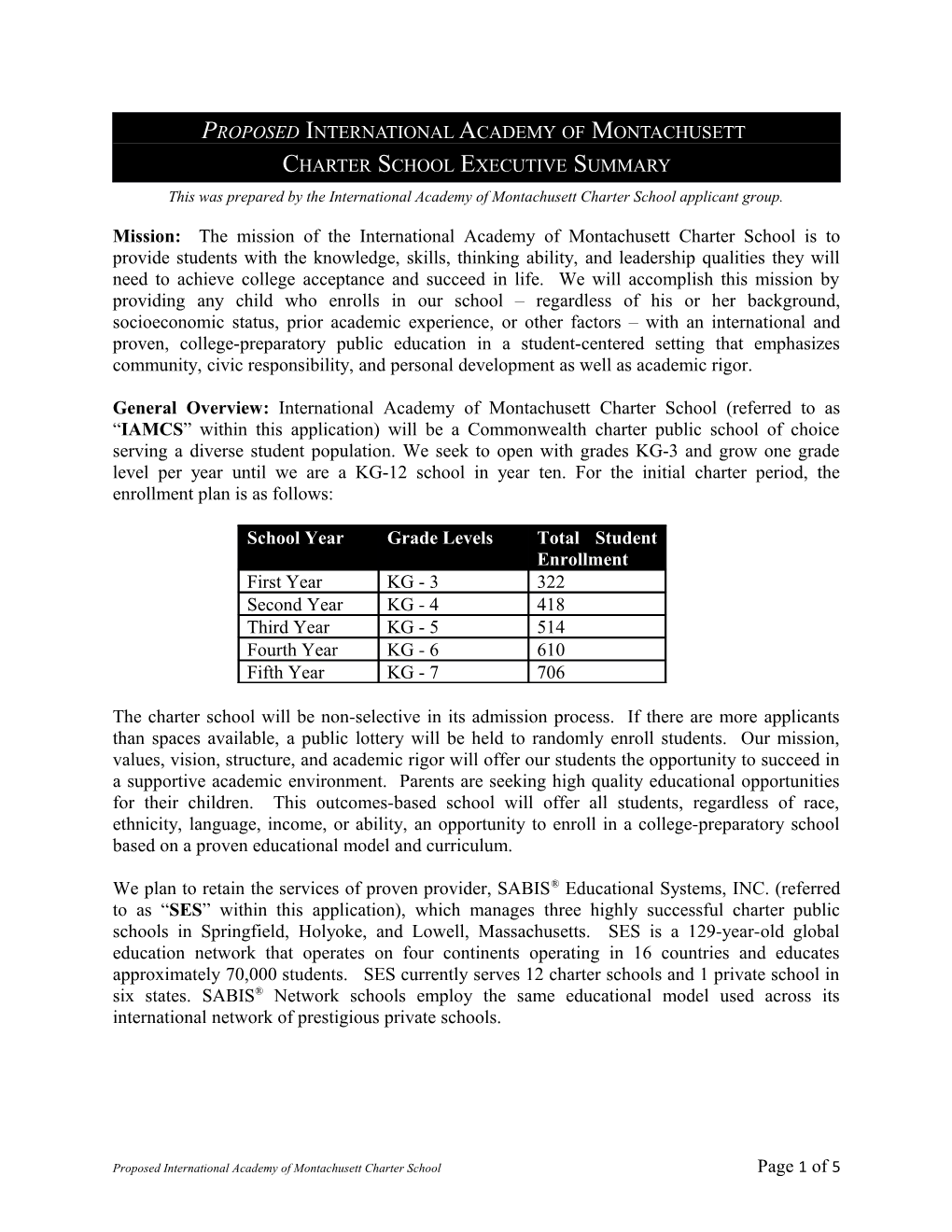 Executive Summaries of Proposed International Academy of Montachusett Charter School