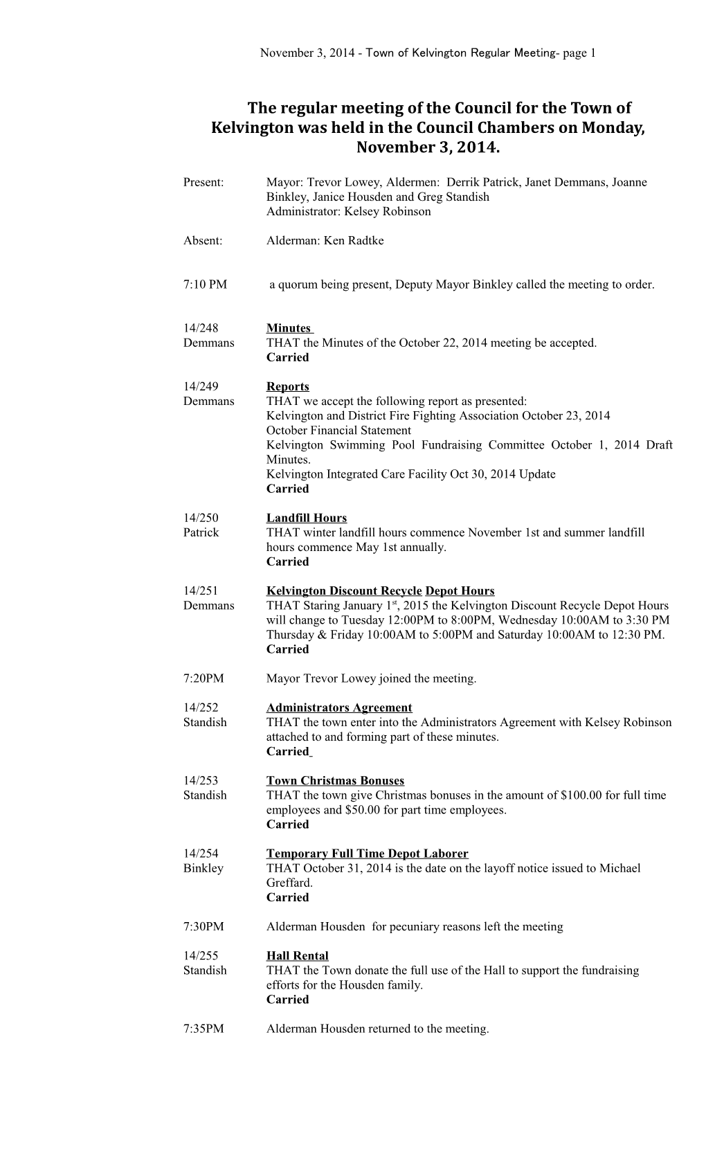November 3, 2014 - Town of Kelvington Regular Meeting- Page 1