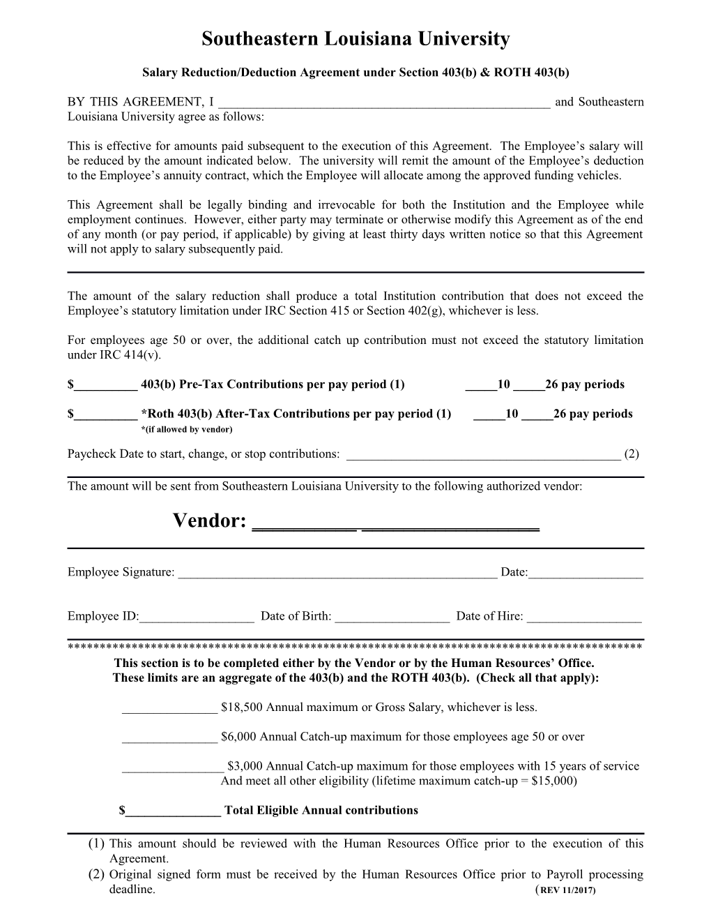 Salary Reduction/Deduction Agreement Under Section 403(B) & ROTH 403(B)