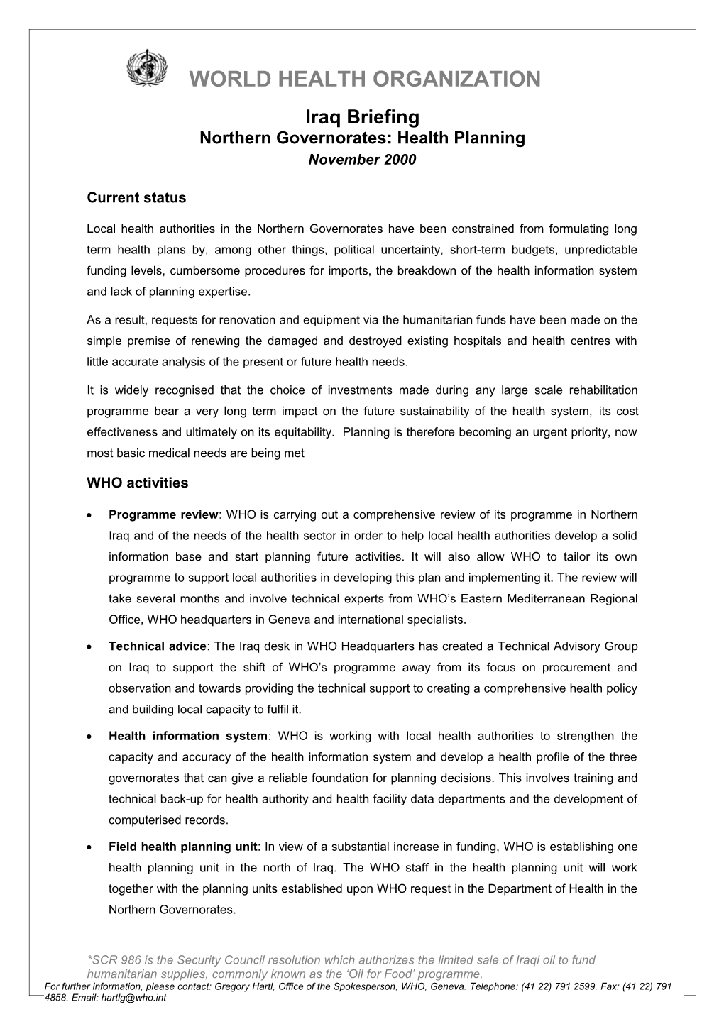 Northern Governorates: Health Planning