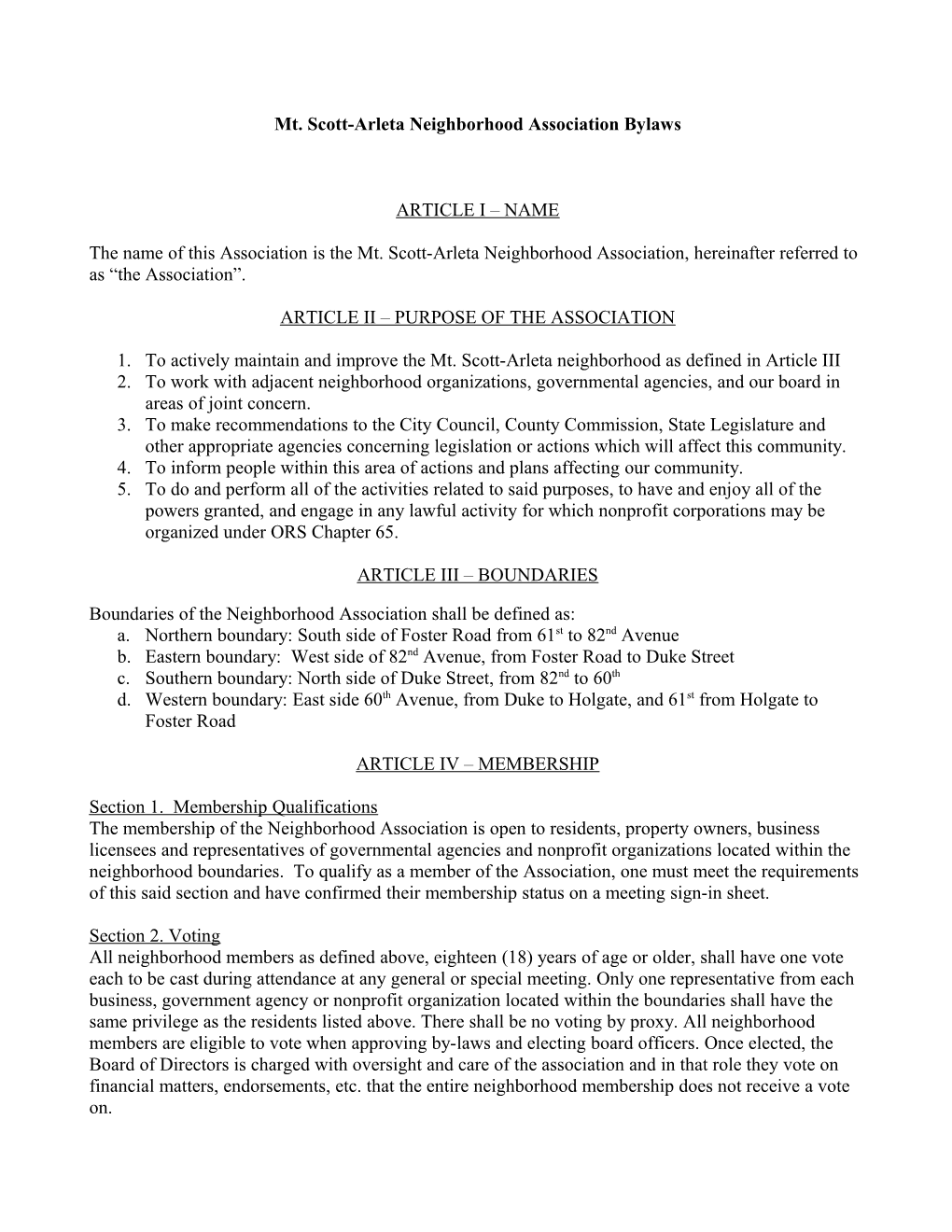 Mt. Scott-Arleta Neighborhood Association Bylaws