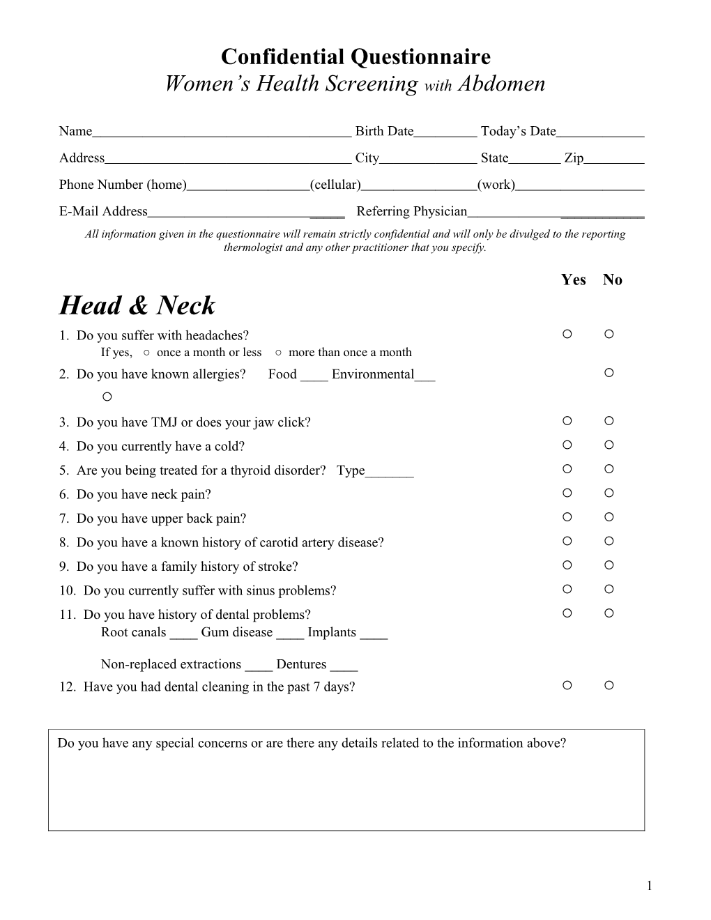 Confidential Questionnaire