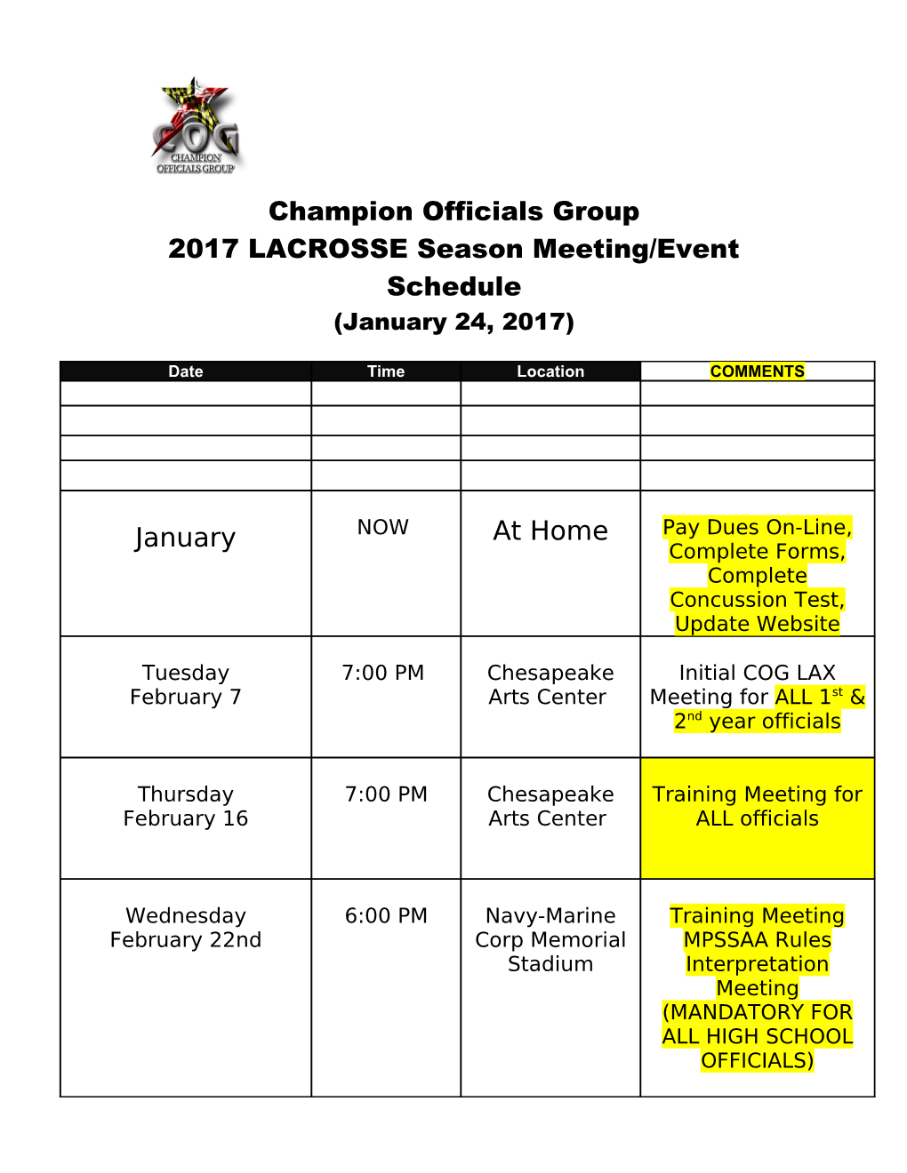 2017 LACROSSE Season Meeting/Event Schedule