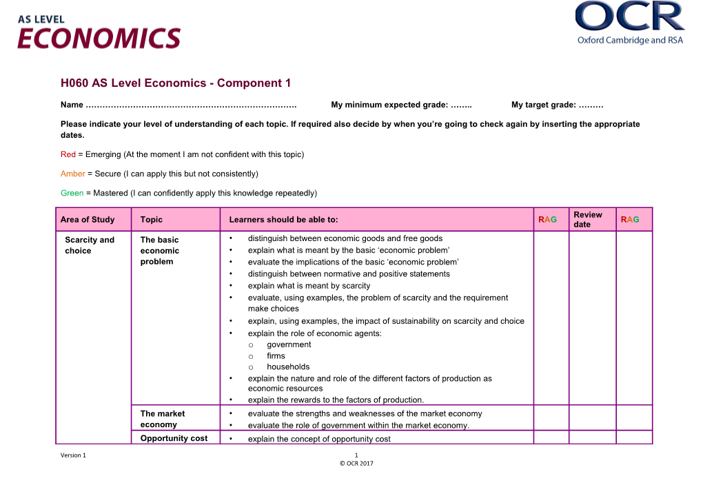 OCR AS Level Economics - Content Checklist for AS Economics