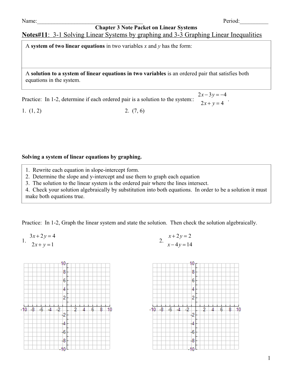 Chapter 3 Note Packet on Linear Systems