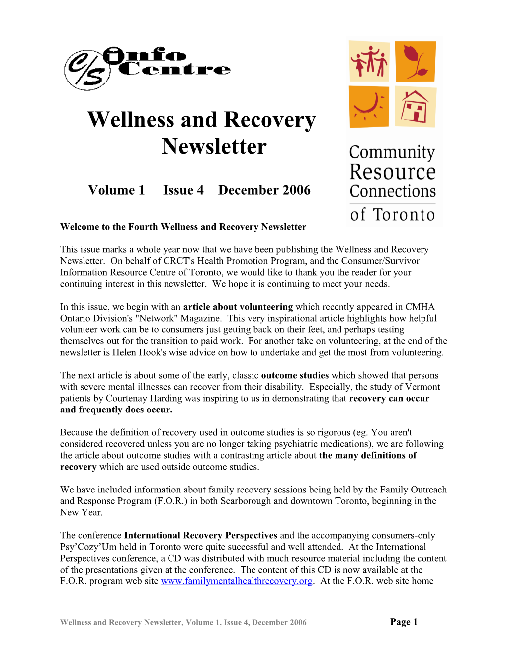 Wellness and Recovery Newsletter Vol 1 Issue 1