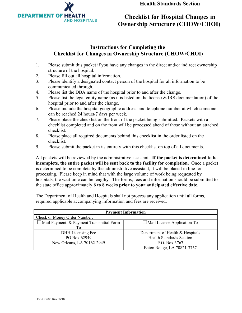 Checklist for Hospital Changes in Ownership Structure (CHOW/CHOI)