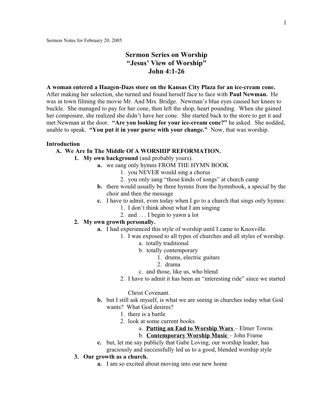 Sermon Notes for February 20, 2005