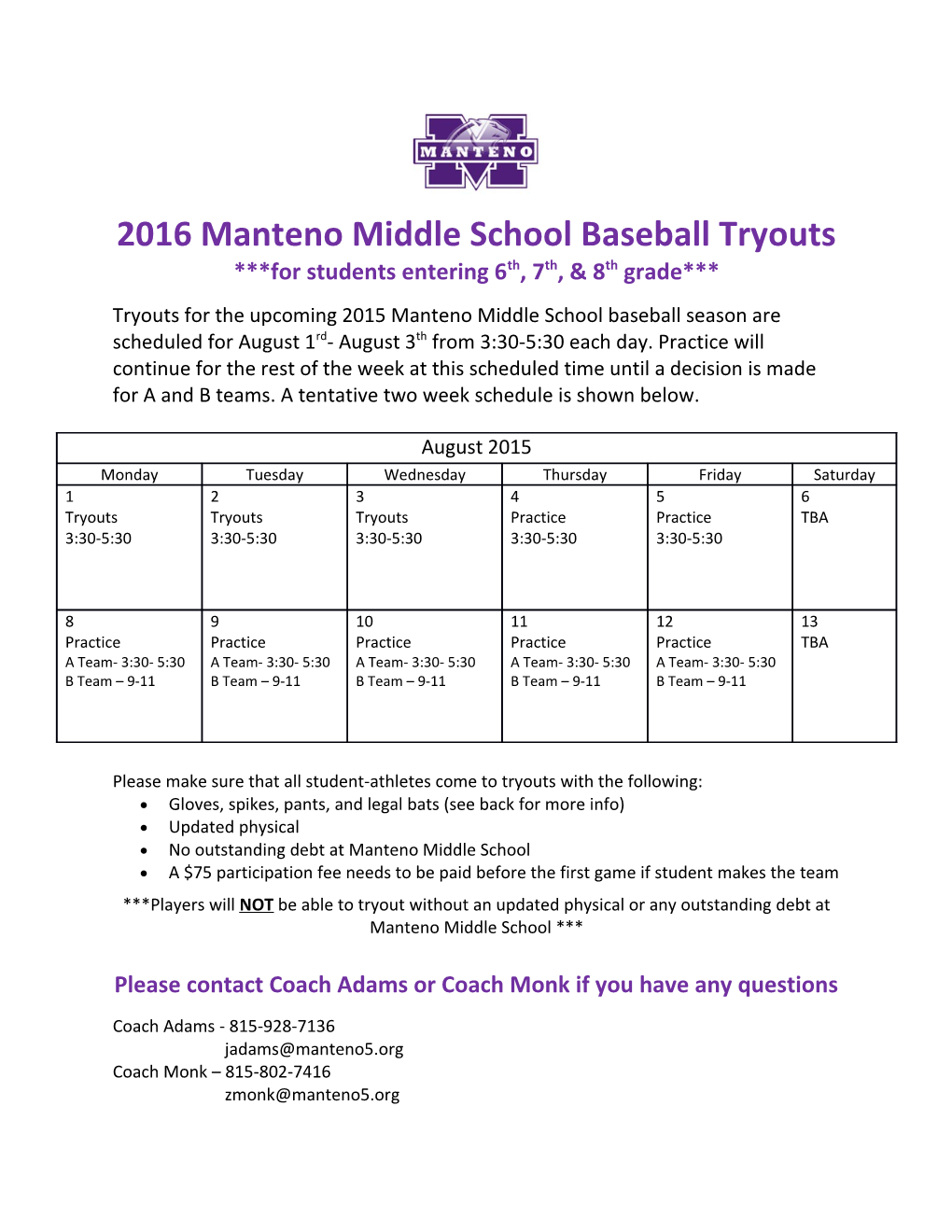 2016 Manteno Middle School Baseball Tryouts