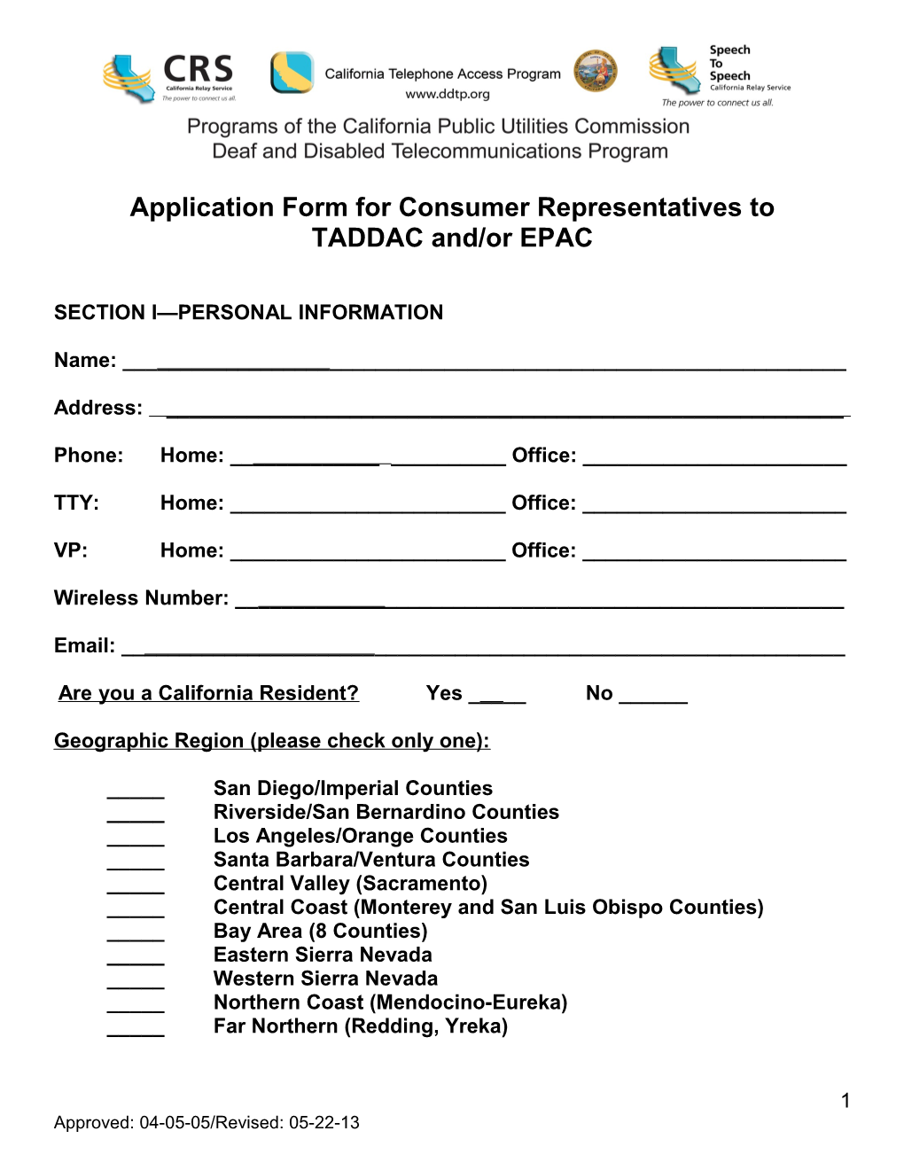 Application Form for Consumer Representatives To