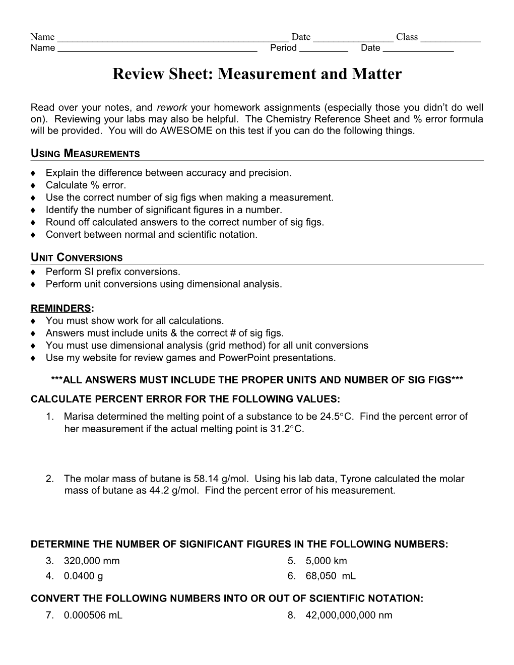 Review Sheet: Measurement and Matter