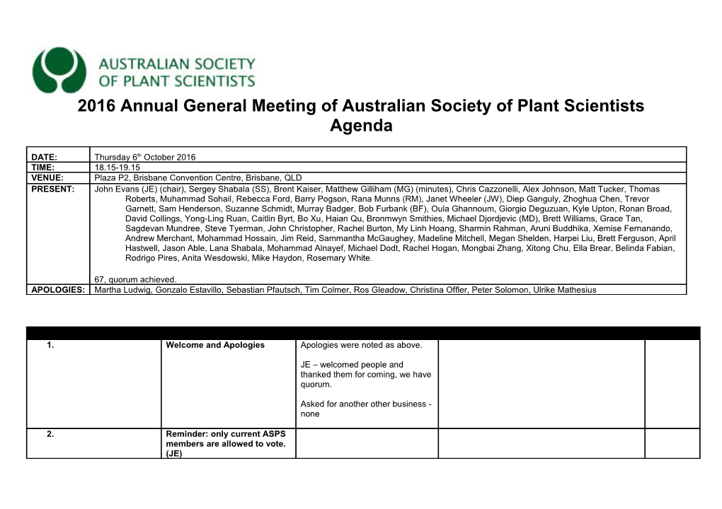 2016 Annual General Meeting of Australian Society of Plant Scientists