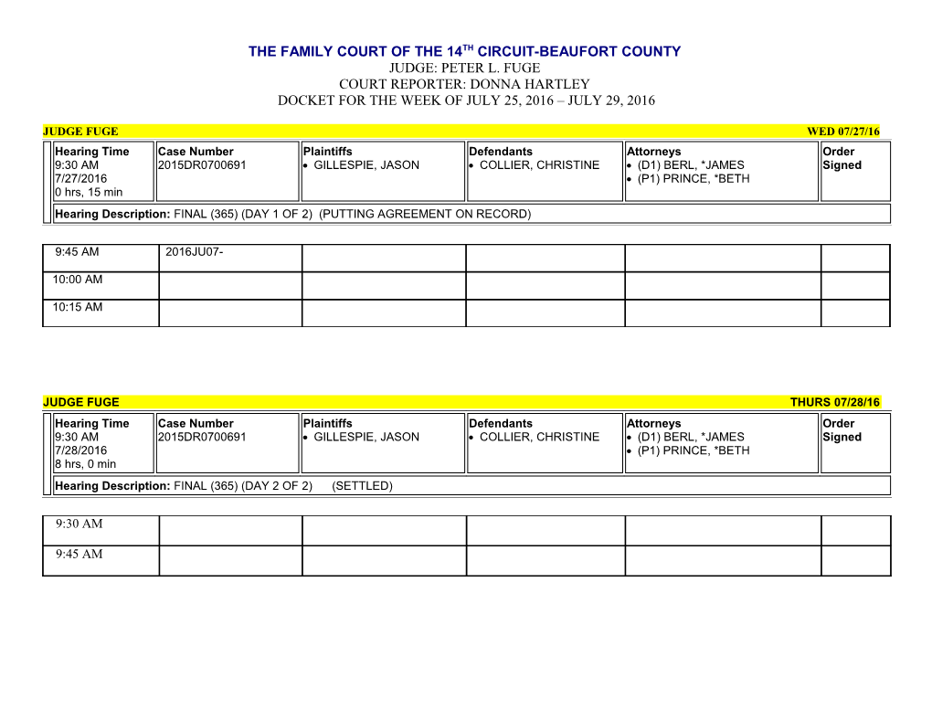 Docket for the Week of July 25, 2016 July 29, 2016