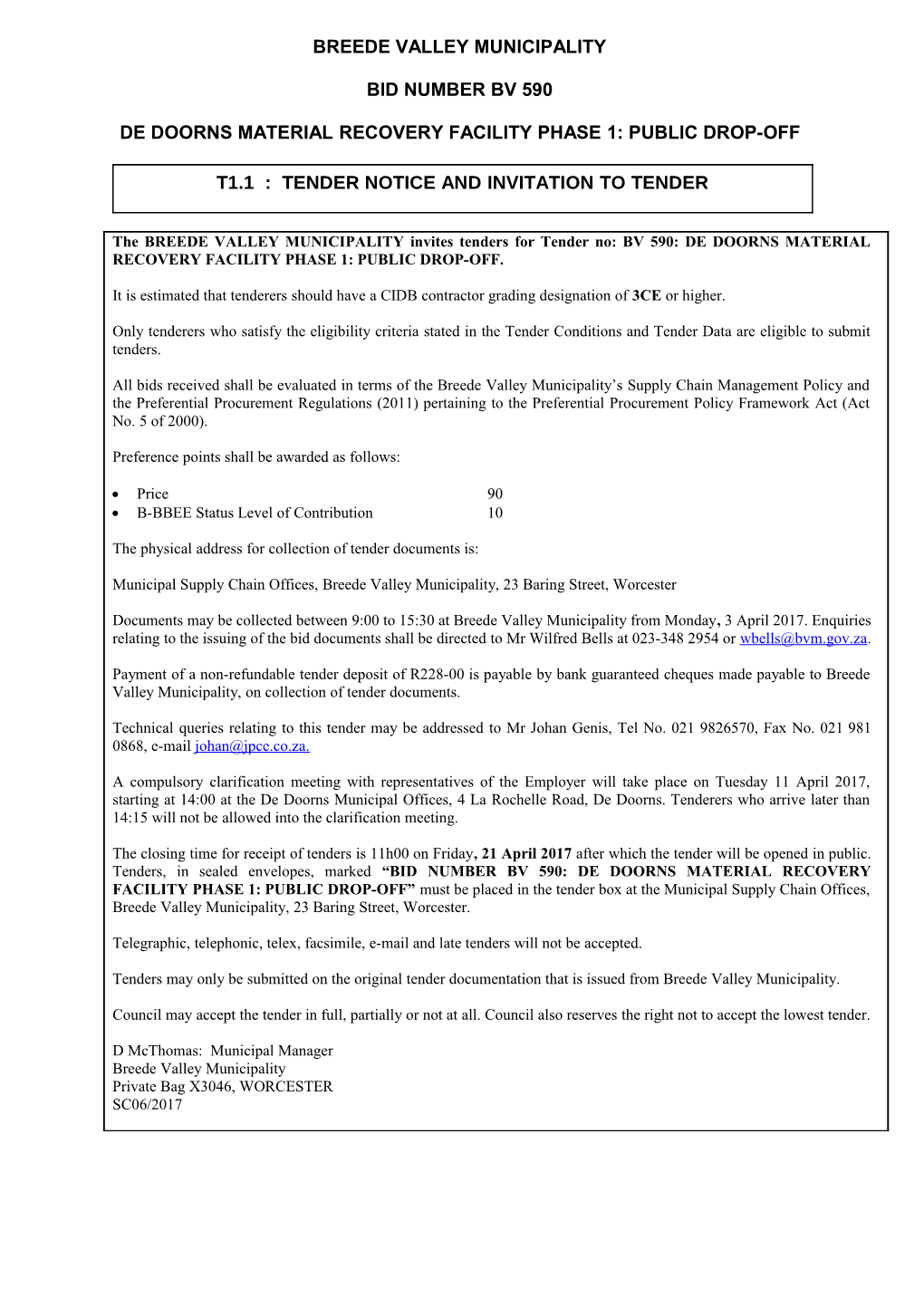 T1.1 : Tender Notice and Invitation to Tender