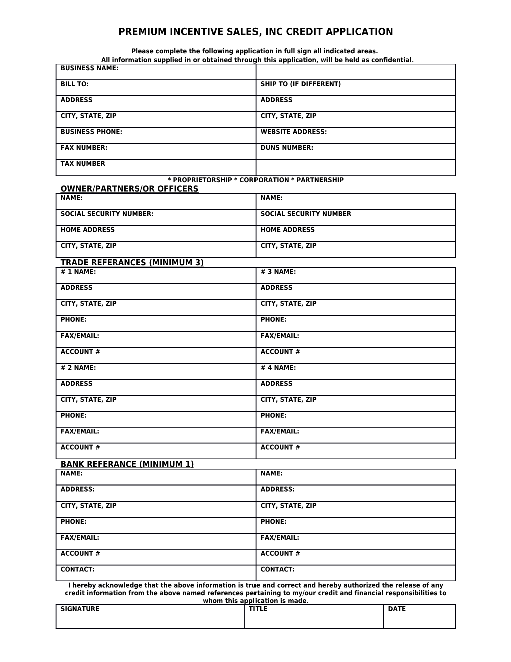 Premium Incentive Sales, Inc Credit Application