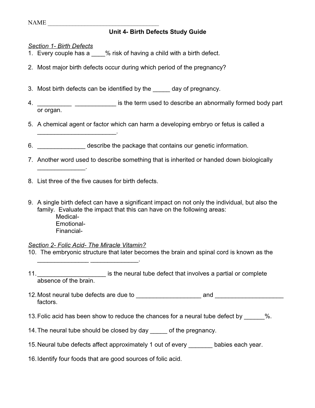 Unit 4- Birth Defects Study Guide