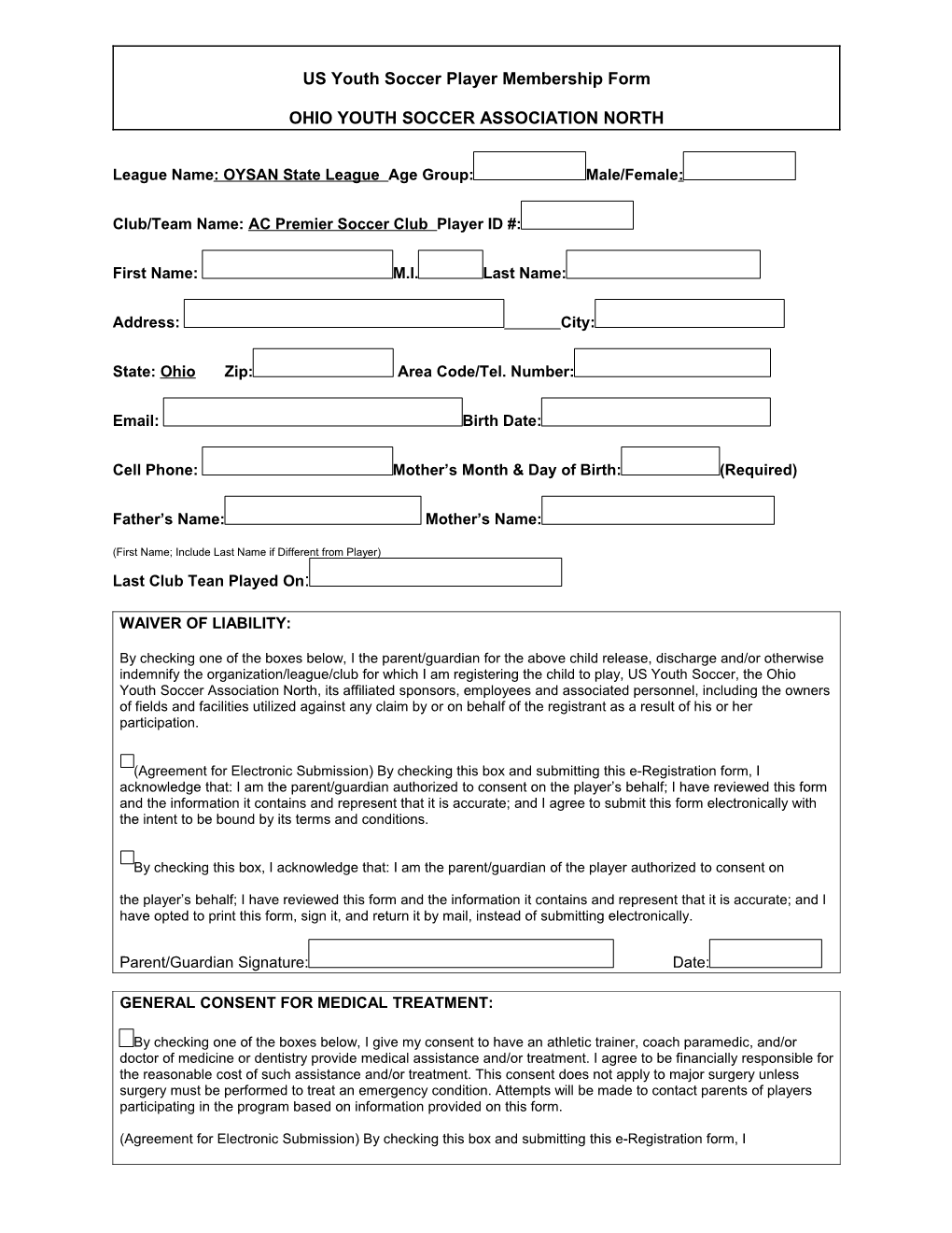 US Youth Soccer Player Membership Form