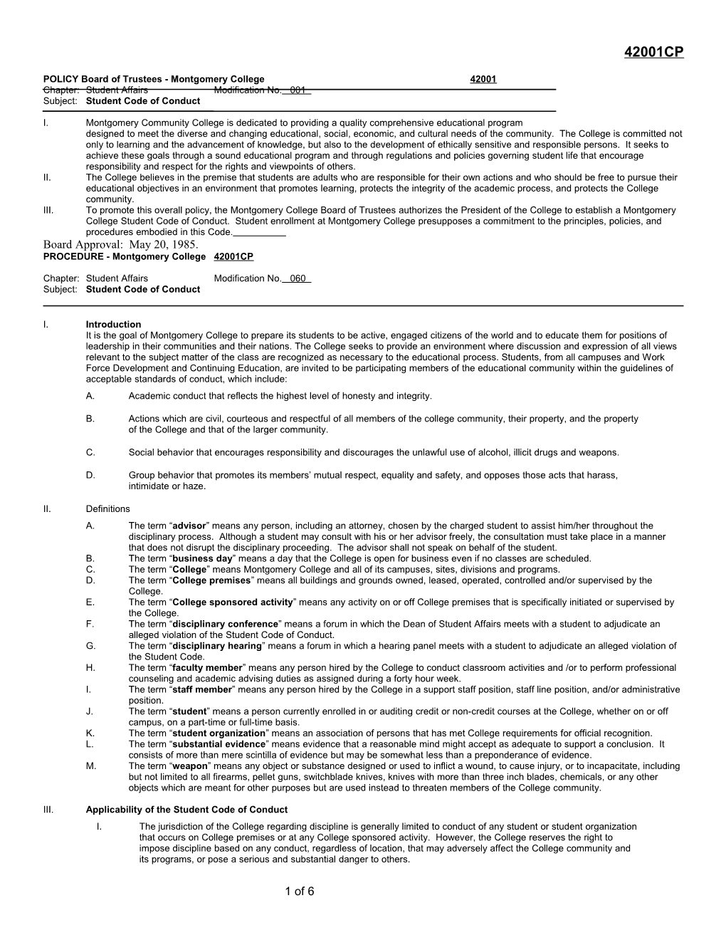 POLICY Board of Trustees Montgomery College42001