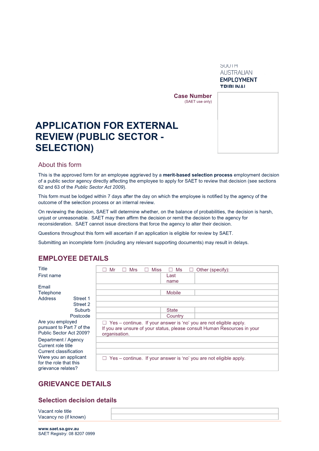 Application for External Review (Public Sector - Selection)