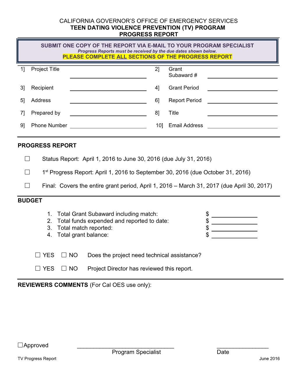 2015-16 Teen Dating Violence (TV) Program Progress Report