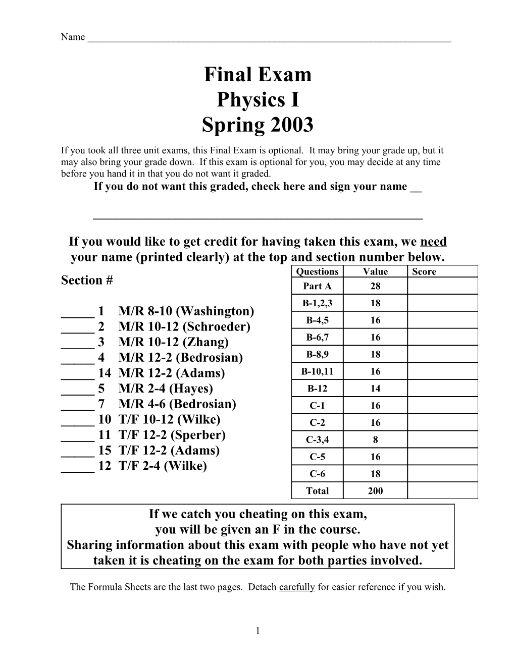 Physics I Final Exam Spring 2003 s1