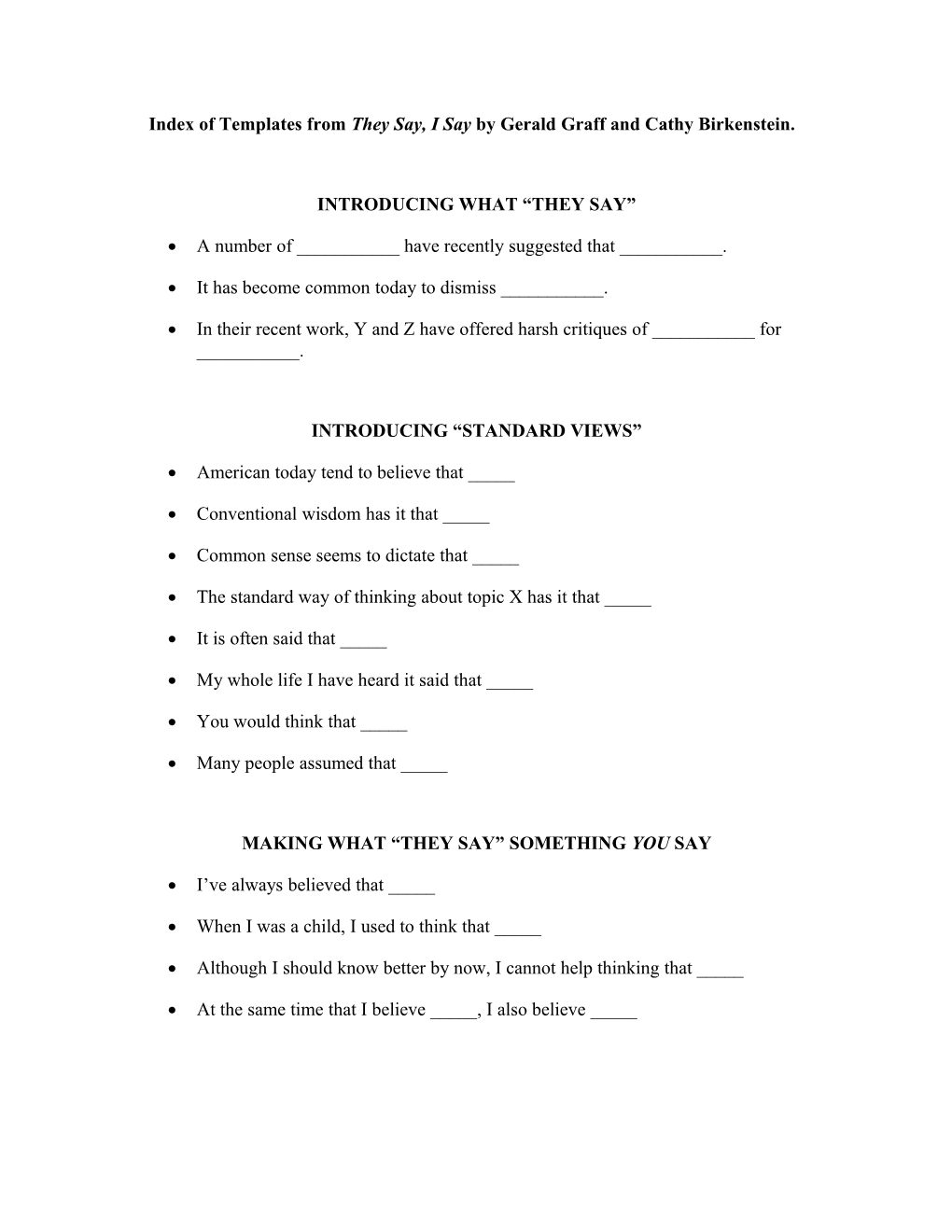 Index of Templates from They Say, I Say by Gerald Graff and Cathy Birkenstein s1