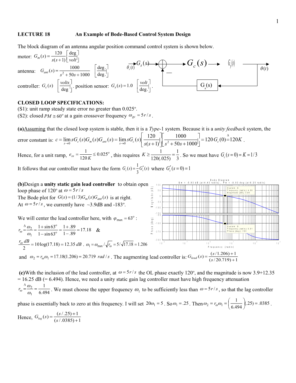 LECTURE 18 an Example of Bode-Based Control System Design