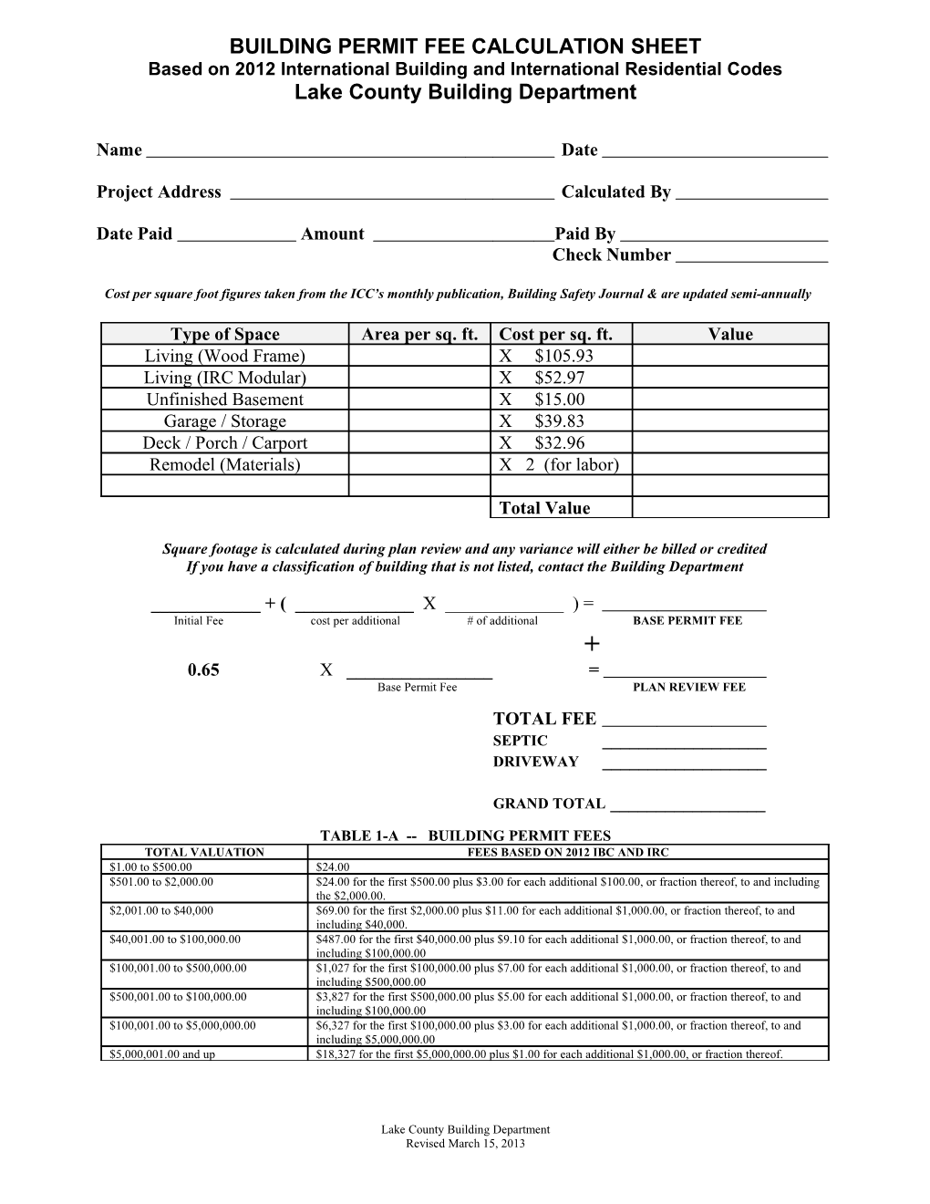 Building Permit Fee Calculation Sheet