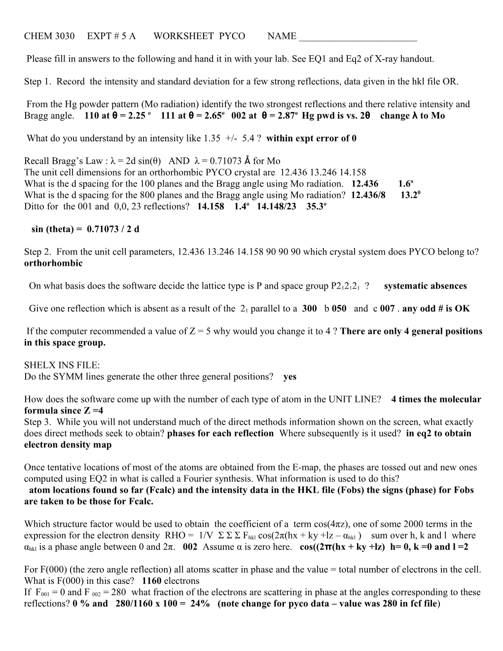 Chem 3030 Expt # 6 a Working Sheet