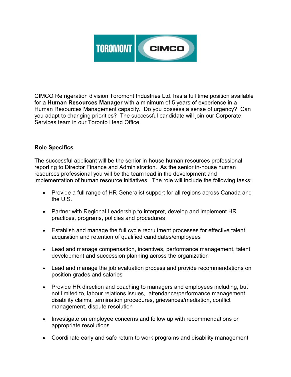 CIMCO Refrigeration Division Toromont Industries Ltd. Has a Full Time Position Available
