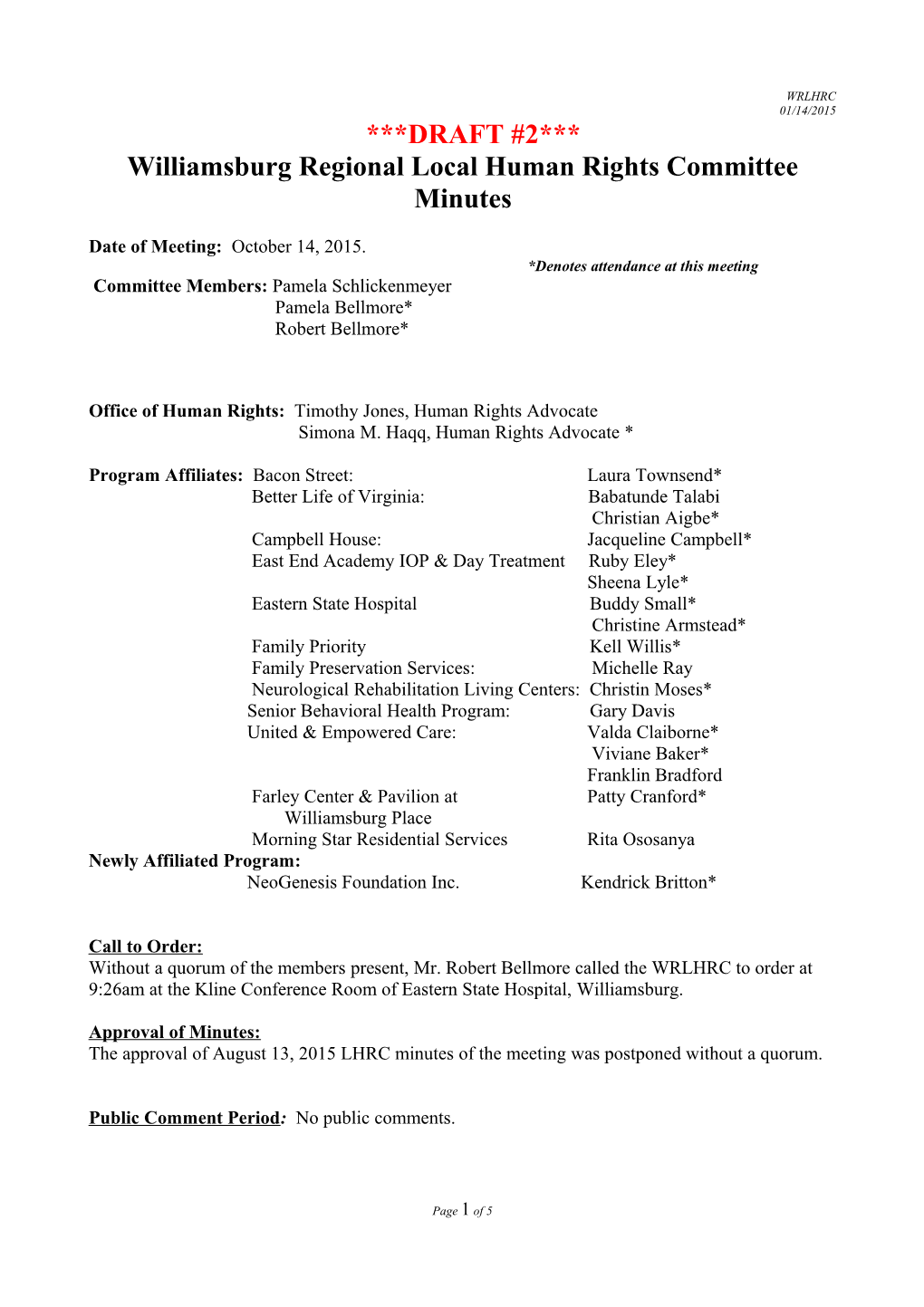 Williamsburg Regional Local Human Rights Committee Minutes