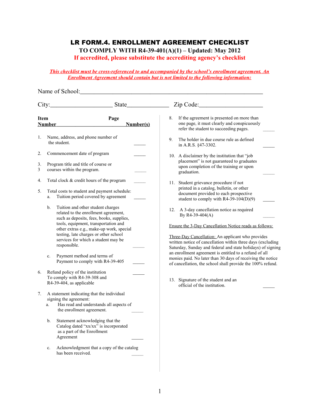 Lr Form.4.Enrollment Agreement Checklist