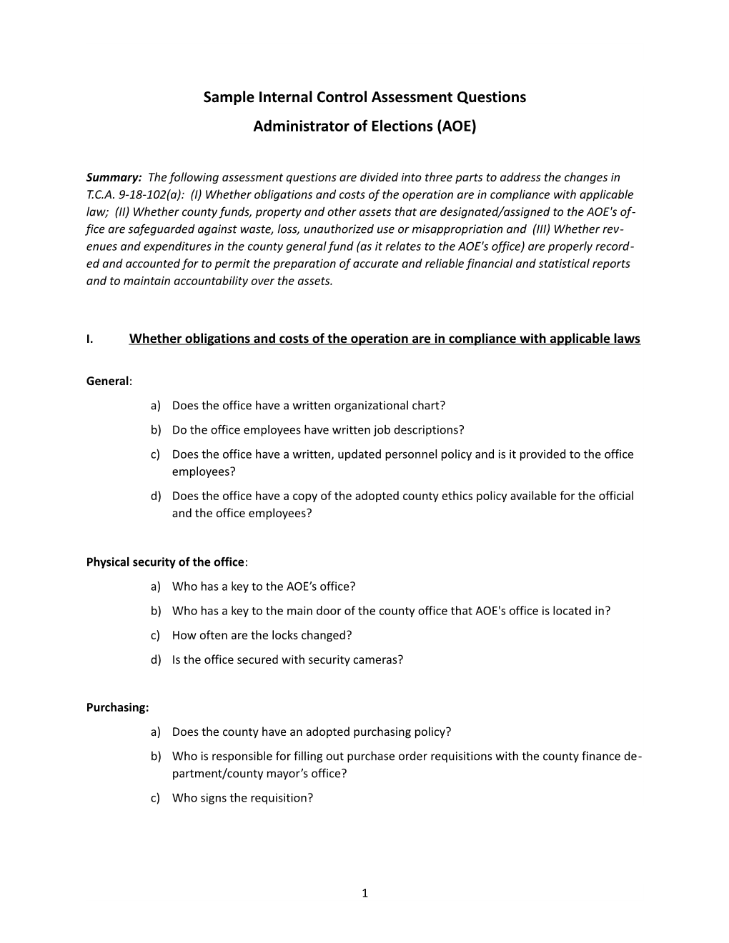 Sample Internal Control Assessment Questions