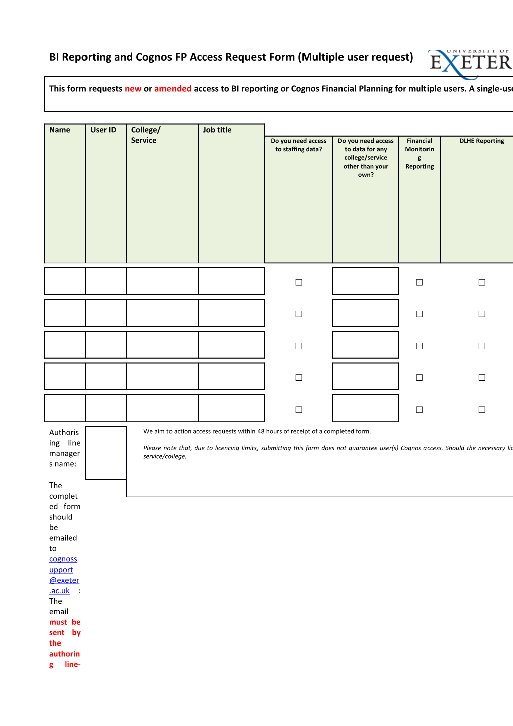 BI Reporting and Cognos FP Access Request Form (Multiple User Request)