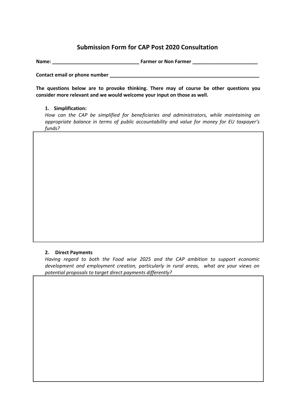 Submission Form for CAP Post 2020 Consultation