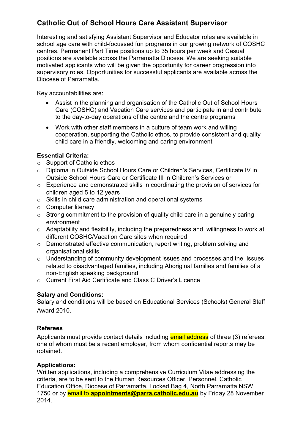 Catholic out of School Hours Care Assistant Supervisor