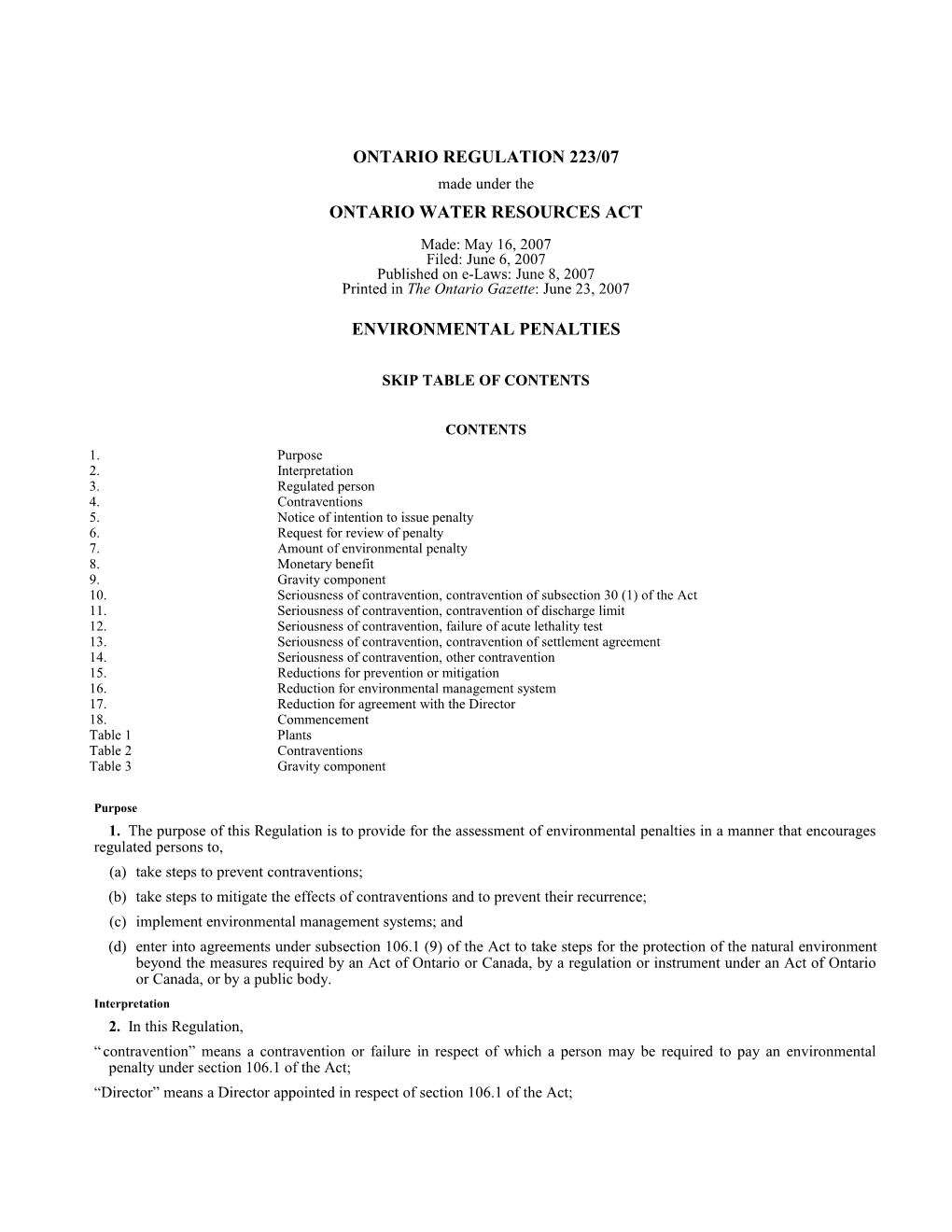 ONTARIO WATER RESOURCES ACT - O. Reg. 223/07