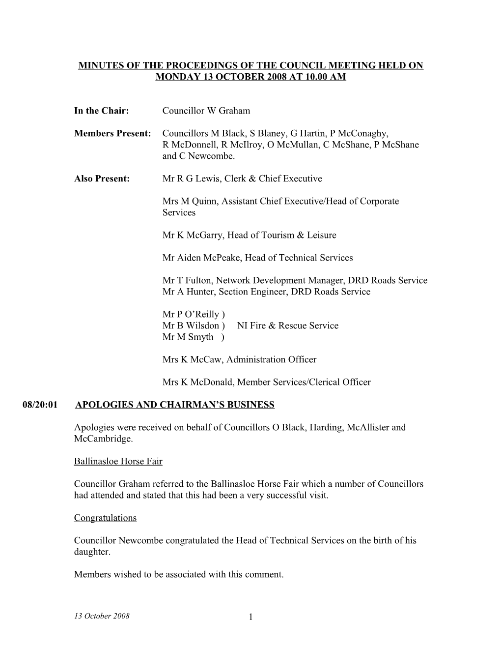 Minutes of the Proceedings of the Council Meeting Held on Monday 12 May 2008 at 10