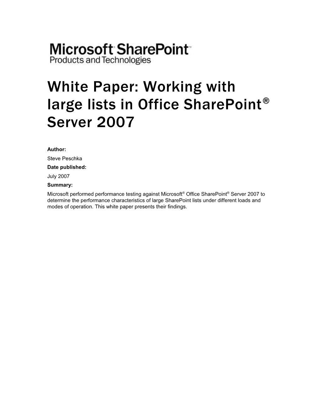 White Paper: Working with Large Lists in Office Sharepoint Server2007