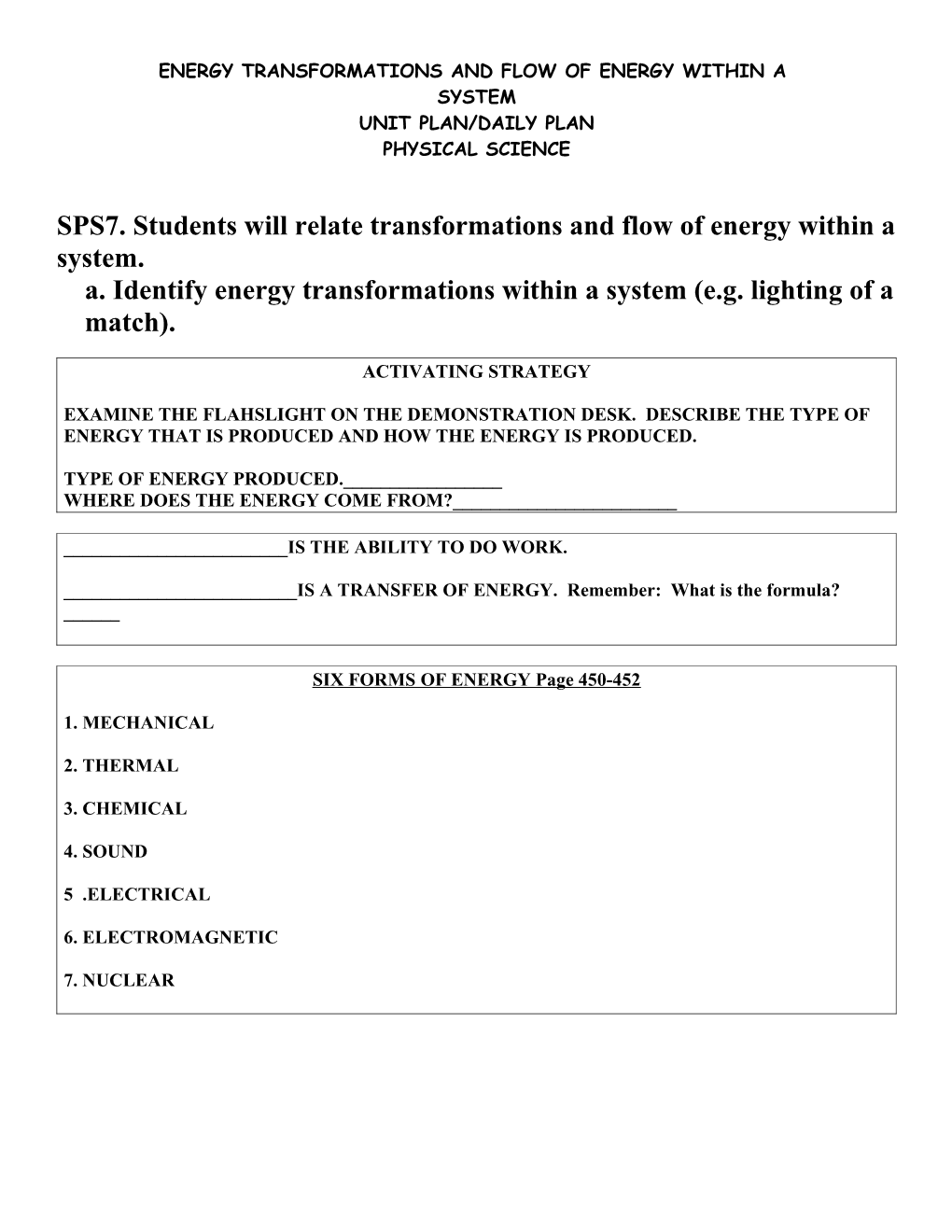 Energy Transformations and Flow of Energy Within A