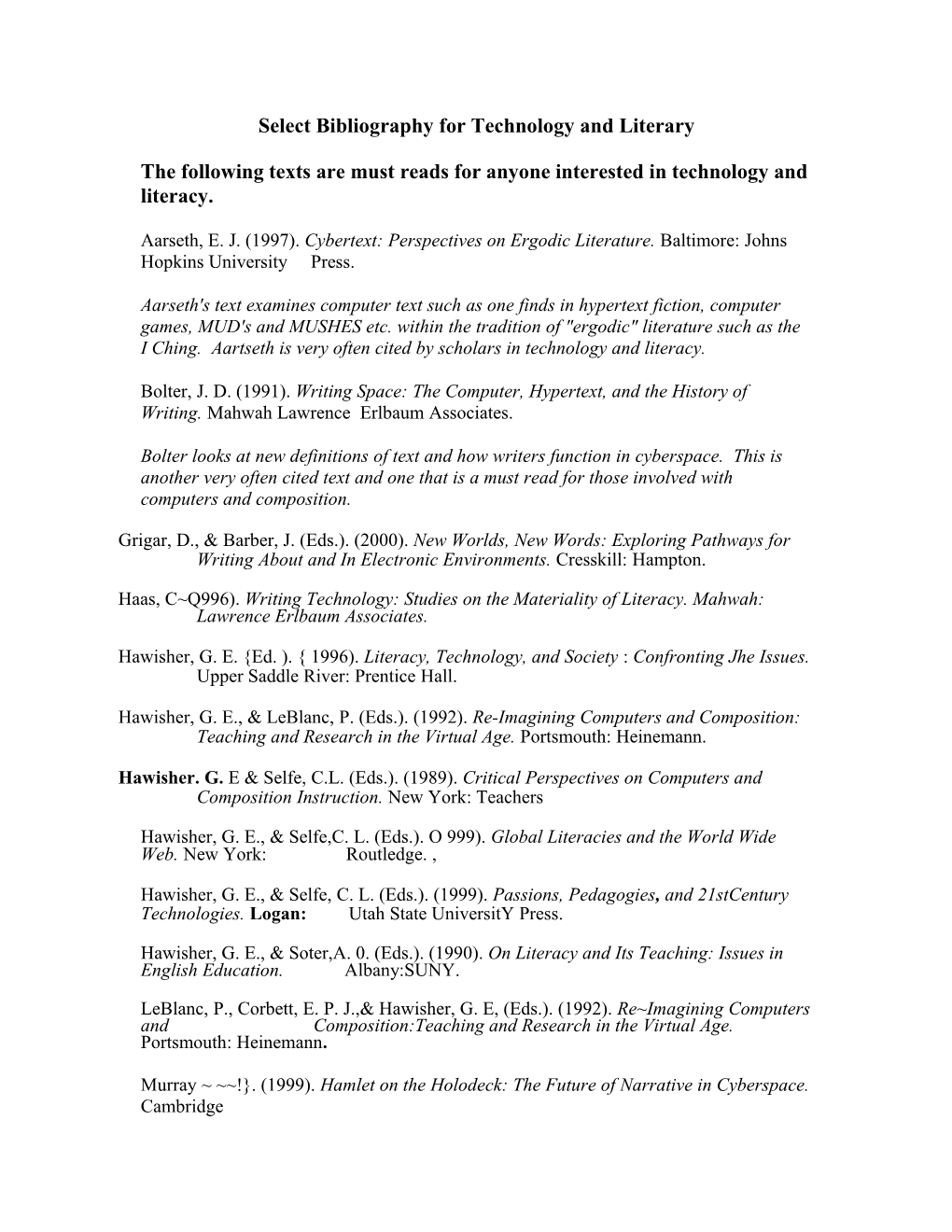 Select Bibliography for Technology and Literary