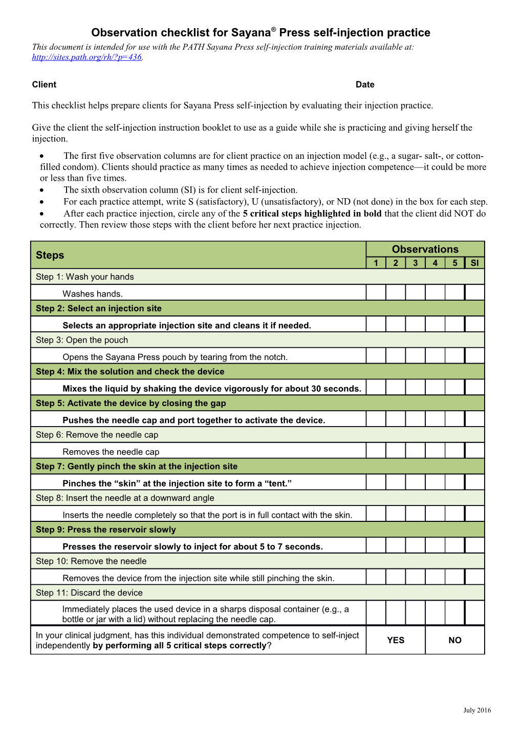 Observation Checklist for Sayana Press Self-Injection Practice