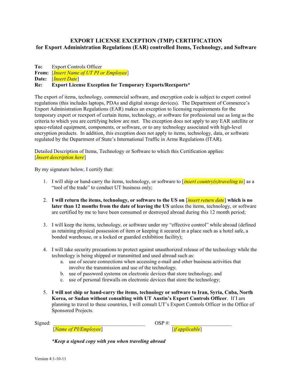 Export License Exception (Tmp) Certification s1