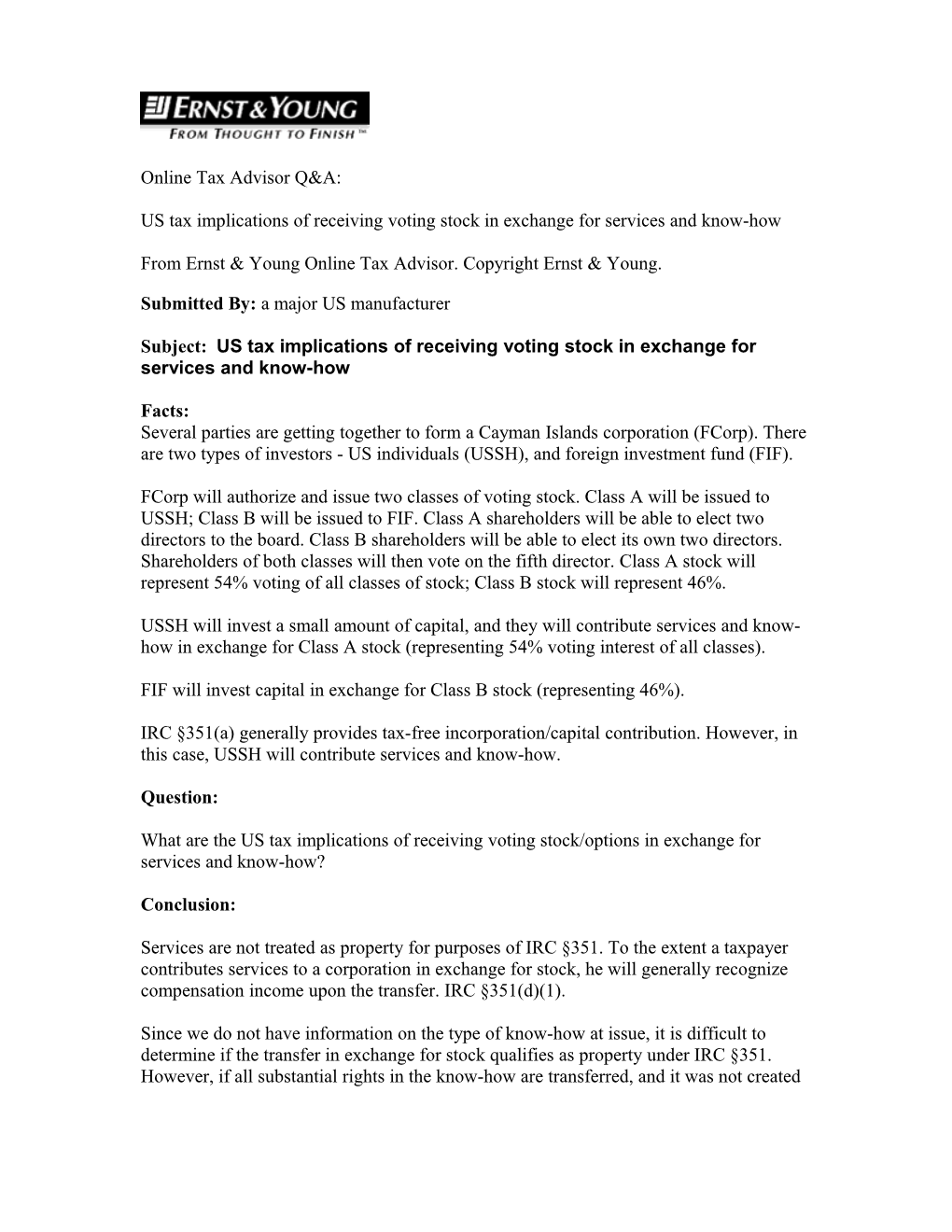 Subject:US Tax Implications of Receiving Voting Stock in Exchange for Services and Know-How