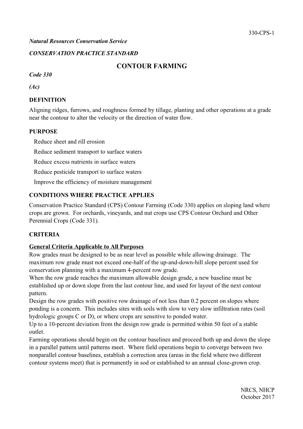 Conservation Practice Standard Contour Farming (Code 330)