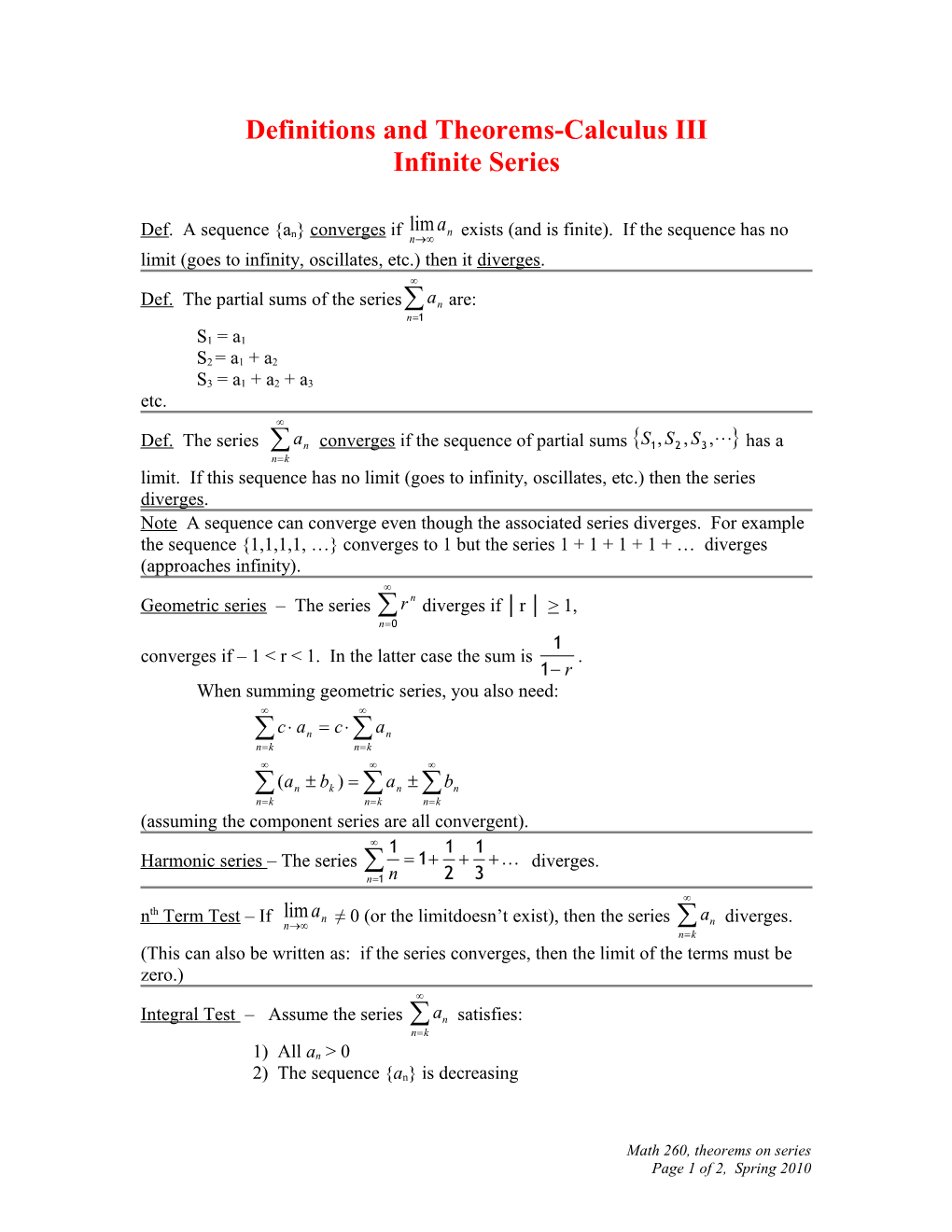 Definitions and Theorems-Calculus III